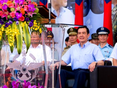 Prisdent Ma with Generals Sitting at Review Stand of New Taipei City Plaza 20140906