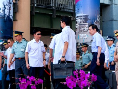 Prisdent Ma and Generals Leaving Review Stand of New Taipei City Plaza 20140906