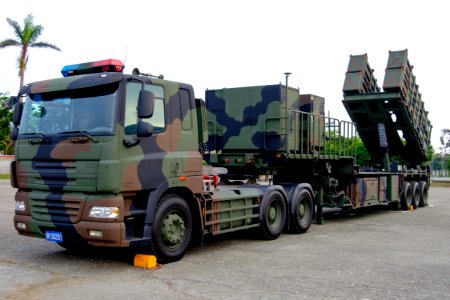 ROCN Hsiung Feng II & Hsiung Feng III Anti-Ship Missile Launchers Trailer and Truck Display at Zuoying Naval Base Ground Left Front View 20161112