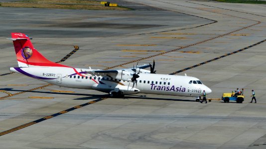 TransAsia Airways ATR 72-212A B-22822 Backup by Tractor at Taipei Songshan Airport 20160924