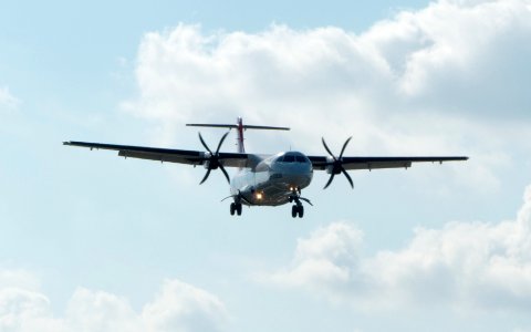TransAsia Airways ATR 72-212A B-22820 on Final Approach at Taipei Songshan Airport 20150908