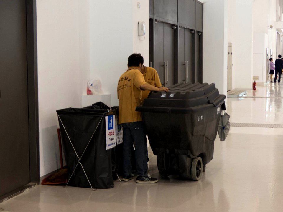 TIBS North Hall Workers Cleaning Trash Bins 20140508