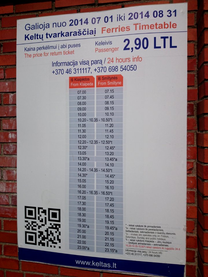 Senoji perkėla, tvarkaraštis 2014
