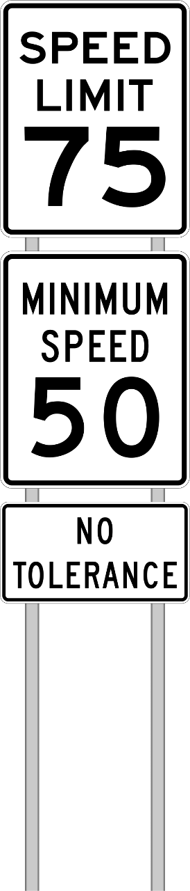 SPEED LIMIT 75mph MINIMUM SPEED 50mph NO TOLERANCE