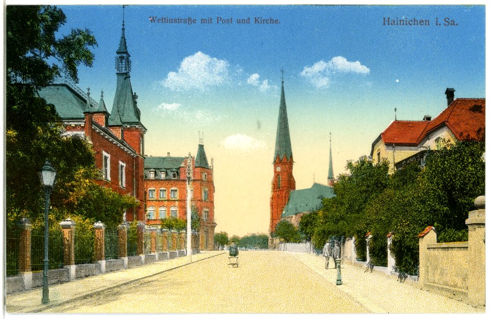 20022-Hainichen-1916-Wettinstraße mit Post und Kirche-Brück & Sohn Kunstverlag