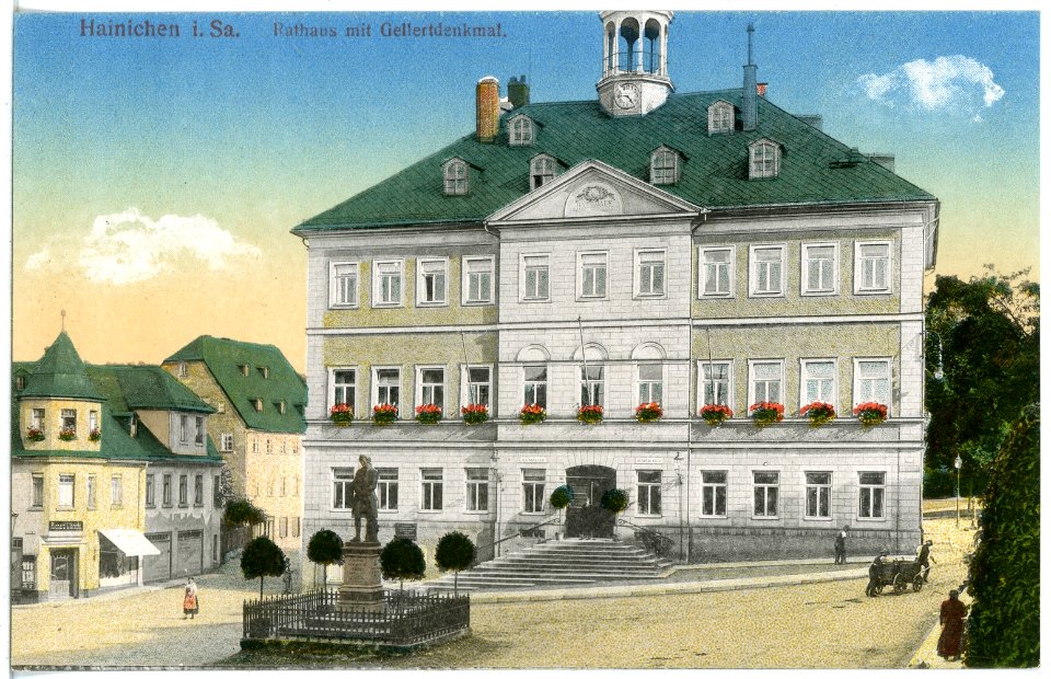 20023-Hainichen-1916-Rathaus mit Gellertdenkmal-Brück & Sohn Kunstverlag