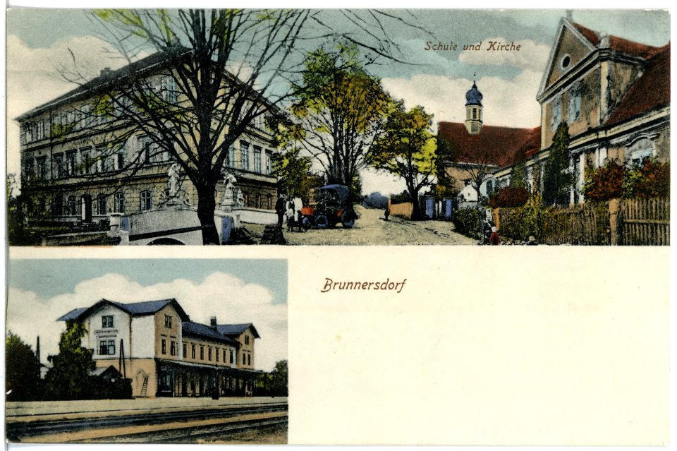 20163-Brunnersdorf-1916-Schule, Kirche und Bahnhof-Brück & Sohn Kunstverlag