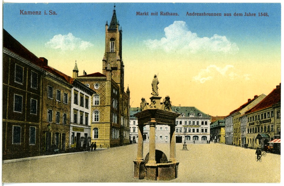 20074-Kamenz-1916-Markt mit Rathaus, Andreasbrunnen von 1548-Brück & Sohn Kunstverlag