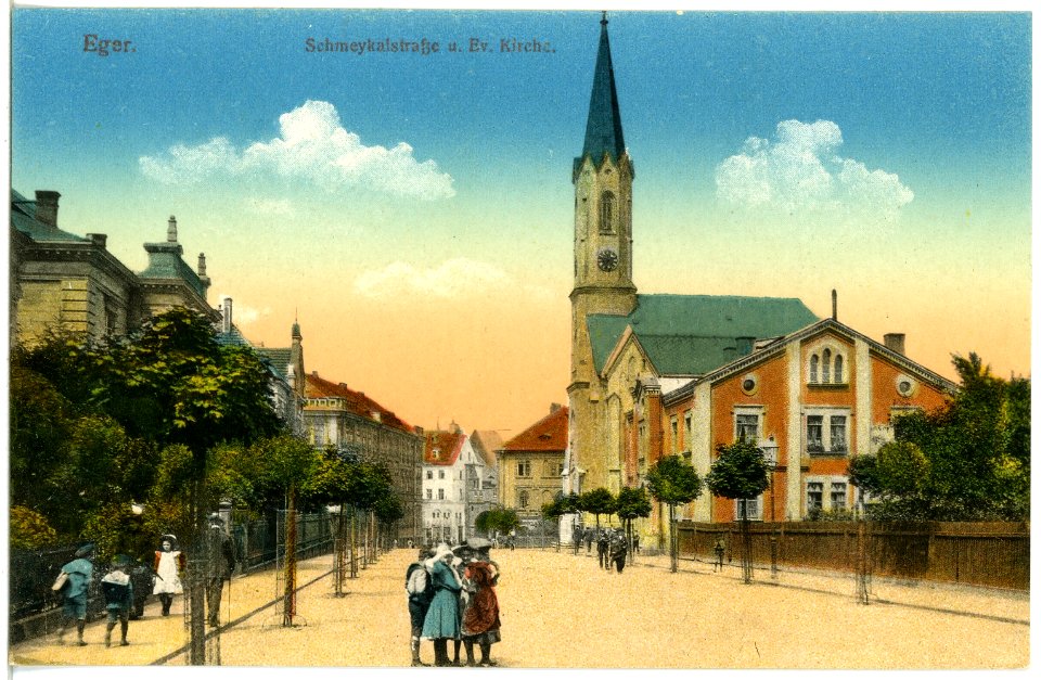 19956-Eger-1915-Schmeykalstraße und evangelische Kirche-Brück & Sohn Kunstverlag