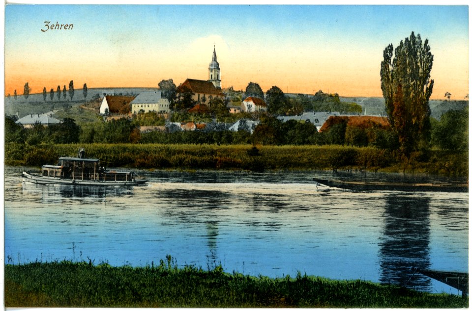20121-Zehren-1916-Blick über die Elbe mit Fähre auf Zehren-Brück & Sohn Kunstverlag