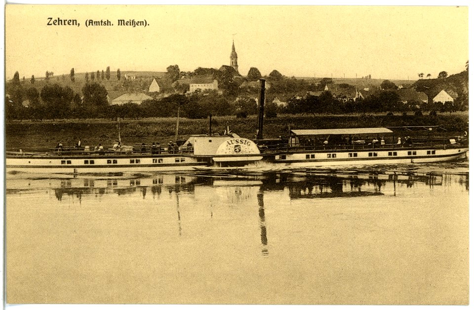 20117-Zehren-1916-Blick auf Zehren - Elbe mit Dampfer Aussig-Brück & Sohn Kunstverlag