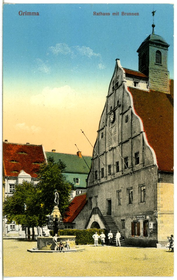 19709-Grimma-1915-Rathaus mit Brunnen-Brück & Sohn Kunstverlag