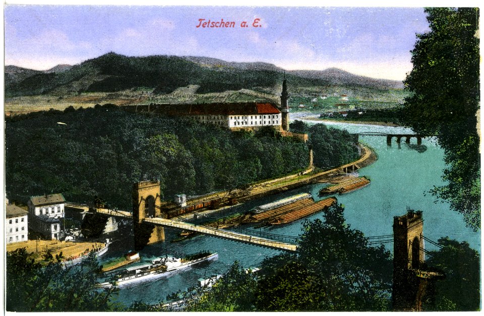 20158-Tetschen-1916-Blick auf Elbe mit Dampfer, Schloß und Brücke-Brück & Sohn Kunstverlag