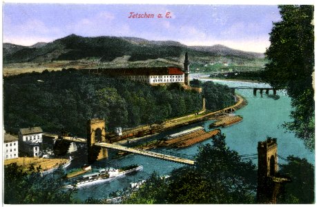 20158-Tetschen-1916-Blick auf Elbe mit Dampfer, Schloß und Brücke-Brück & Sohn Kunstverlag