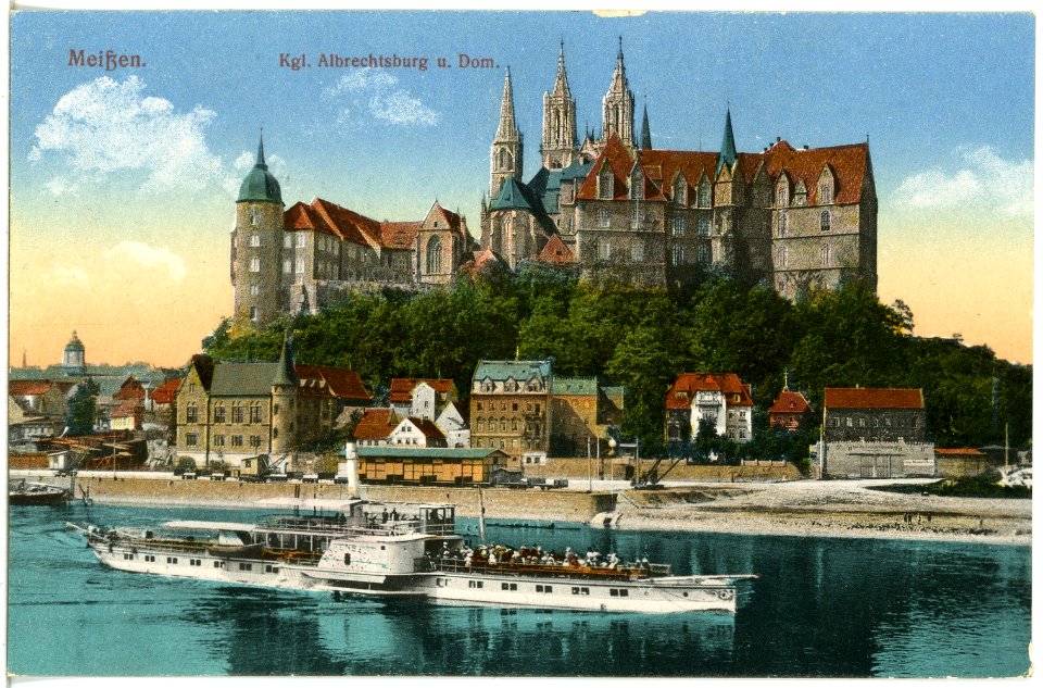 20127-Meißen-1916-Albrechtsburg und Dom - Elbe mit Dampfer Bodenbach-Brück & Sohn Kunstverlag