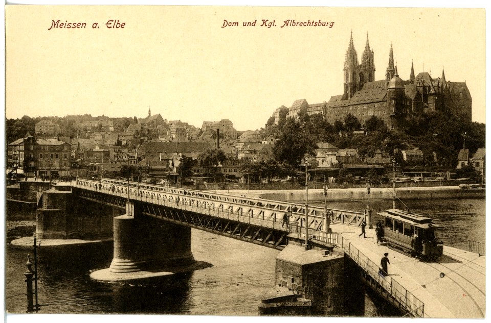 20297-Meißen-1916-Burgberg, Elbe, Brücke mit Straßenbahn-Brück & Sohn Kunstverlag