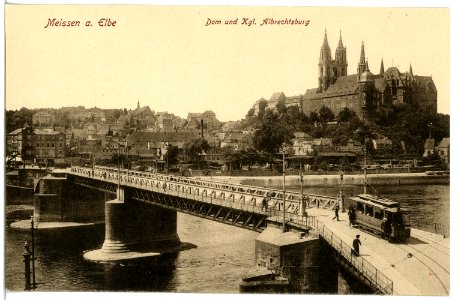 20297-Meißen-1916-Burgberg, Elbe, Brücke mit Straßenbahn-Brück & Sohn Kunstverlag