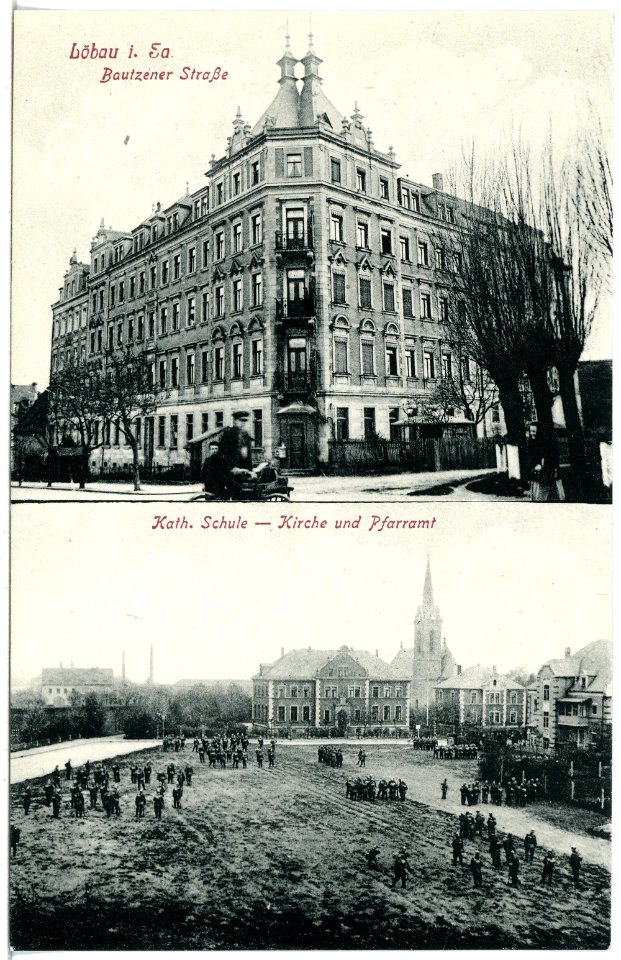 20410-Löbau-1917-Bautzner Straße, Kirche, Schule, Kirche, Pfarramt-Brück & Sohn Kunstverlag
