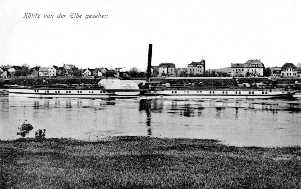 20205-Kötitz-1916-Elbhäuser mit Elbe und Dampfer Hindenburg-Brück & Sohn Kunstverlag