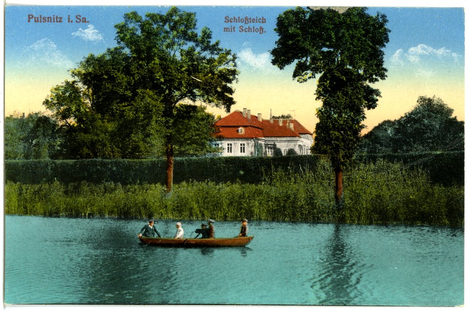 20129-Pulsnitz-1916-Schloßteich mit Schloß und Ruderkahn-Brück & Sohn Kunstverlag