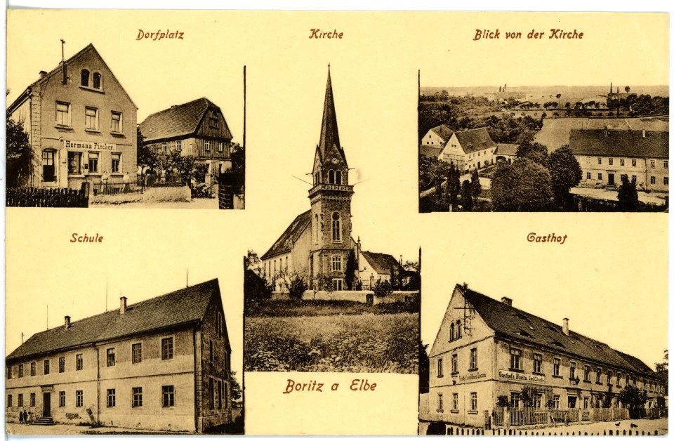 20233-Boritz-1916-Dorfplatz, Kirche, Schule, Gasthof-Brück & Sohn Kunstverlag