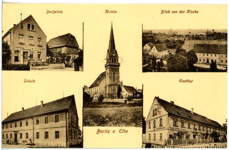 20233-Boritz-1916-Dorfplatz, Kirche, Schule, Gasthof-Brück & Sohn Kunstverlag