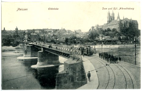 20298-Meißen-1916-Burgberg, Elbe, Brücke mit Soldaten, Straßenbahn-Brück & Sohn Kunstverlag