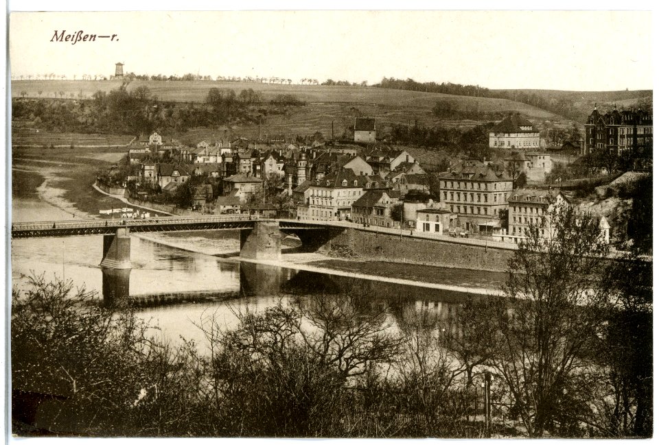 20409-Meißen-1917-Blick auf Meißen Rechts mit Elbbrücke, Proschwitzer Windmühle-Brück & Sohn Kunstverlag