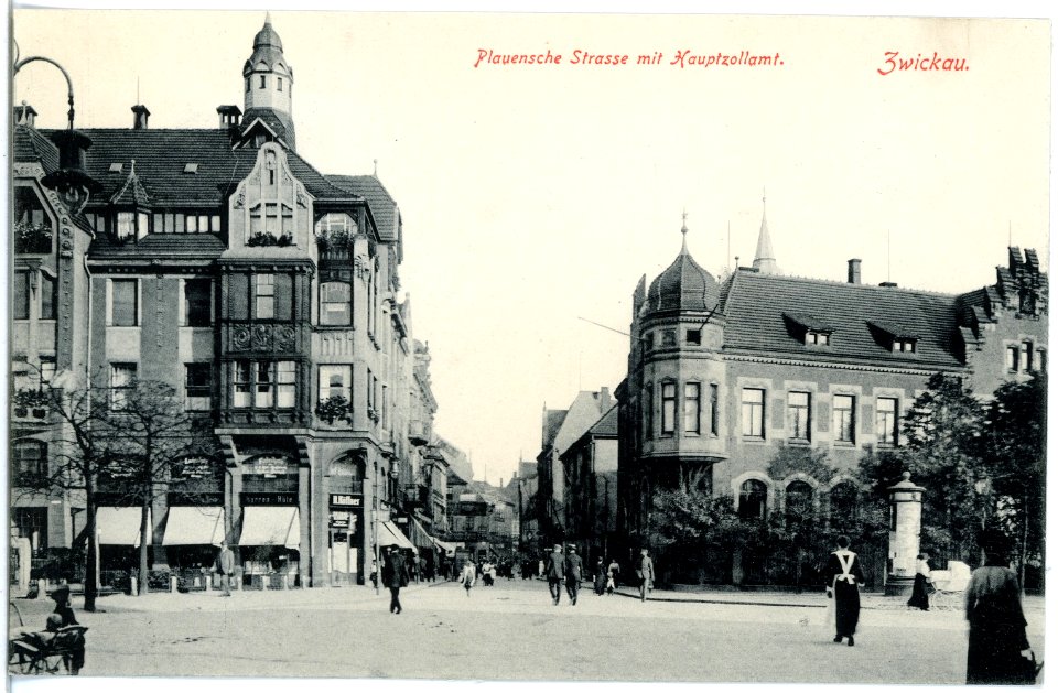 19892-Zwickau-1915-Plauensche Straße mit Hauptzollamt-Brück & Sohn Kunstverlag