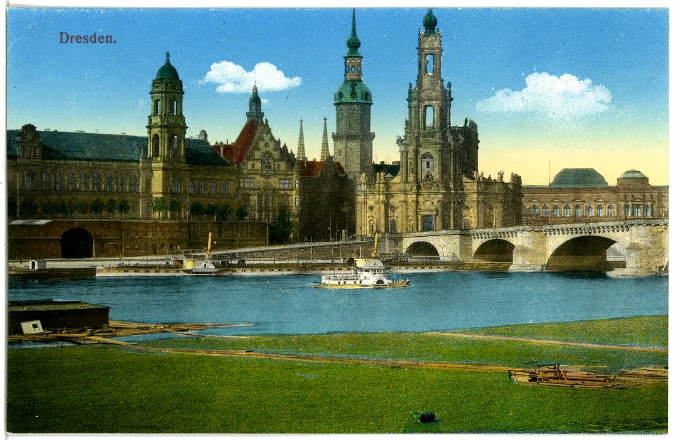 19122-Dresden-1915-Blick auf Ständehaus, Schloß, Hofkirche, Elbe-Brück & Sohn Kunstverlag