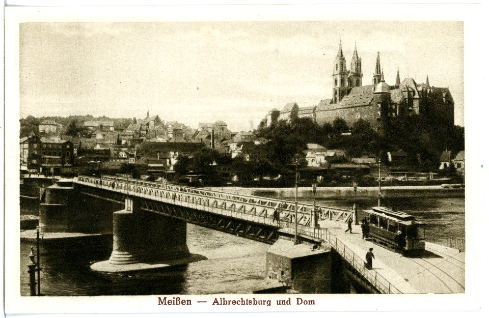 20736-Meißen-1917-Albrechtsburg und Dom, Elbbrücke mit Straßenbahn-Brück & Sohn Kunstverlag