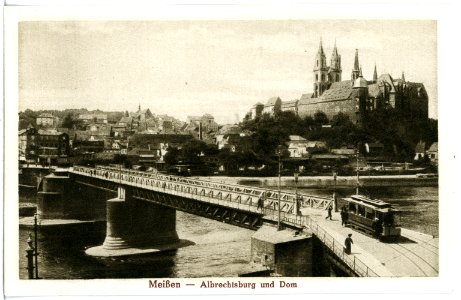 20736-Meißen-1917-Albrechtsburg und Dom, Elbbrücke mit Straßenbahn-Brück & Sohn Kunstverlag