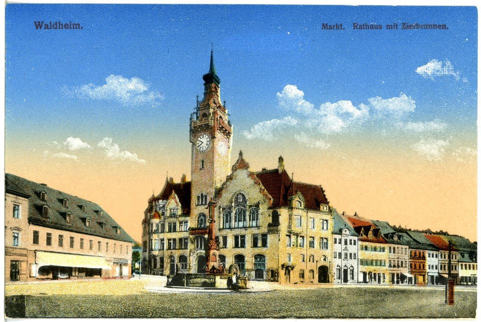 20213-Waldheim-1916-Markt und Rathaus mit Zierbrunnen-Brück & Sohn Kunstverlag