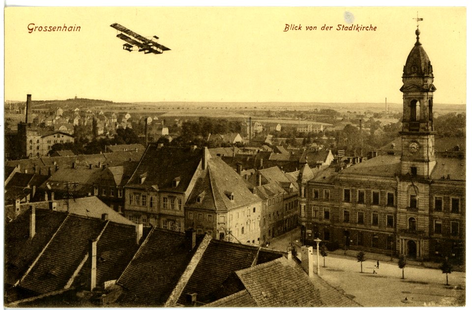 19148-Großenhain-1915-Blick von der Stadtkirche mit Flugzeug-Brück & Sohn Kunstverlag