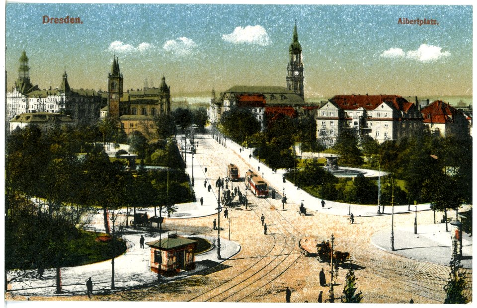 19313-Dresden-1915-Albertplatz mit Straßenbahn und Pferdefurwerk-Brück & Sohn Kunstverlag