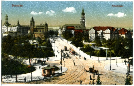 19313-Dresden-1915-Albertplatz mit Straßenbahn und Pferdefurwerk-Brück & Sohn Kunstverlag