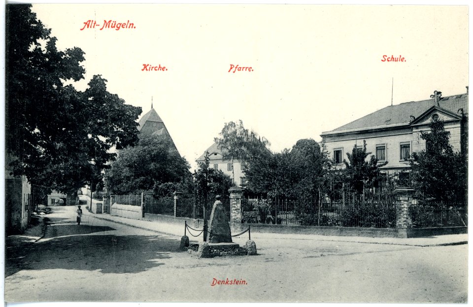 19293-Altmügeln-1915-Schule, Pfarre, Kirche, Denkstein-Brück & Sohn Kunstverlag
