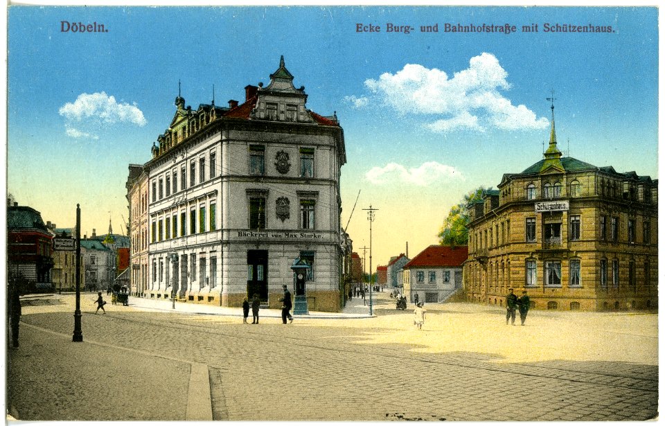 19184-Döbeln-1915-Burg- und Bahnhofstraße mit Schützenhaus-Brück & Sohn Kunstverlag