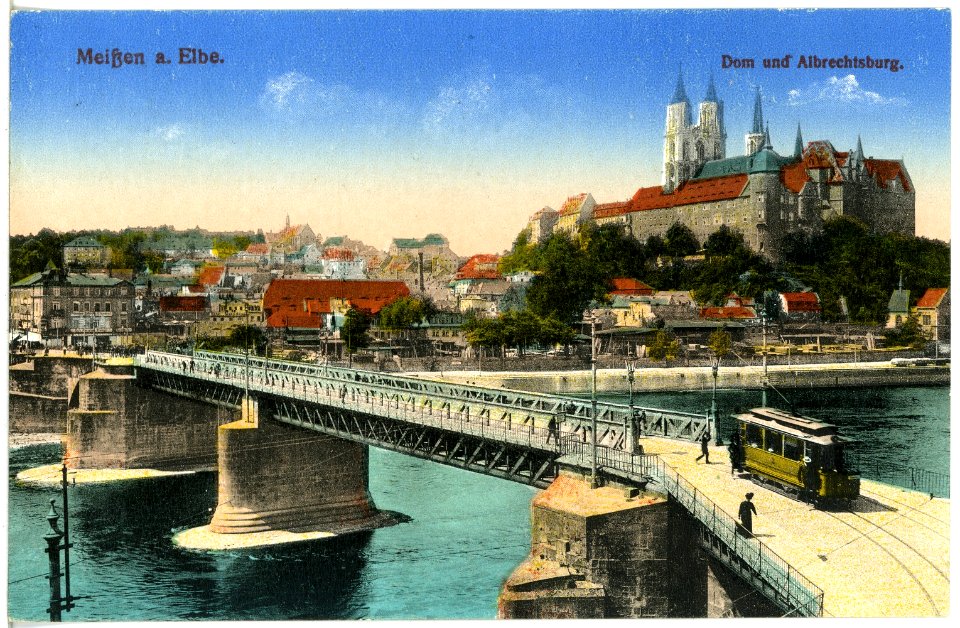 20799-Meißen-1918-Dom und Albrechtsburg - Brücke mit Straßenbahn-Brück & Sohn Kunstverlag