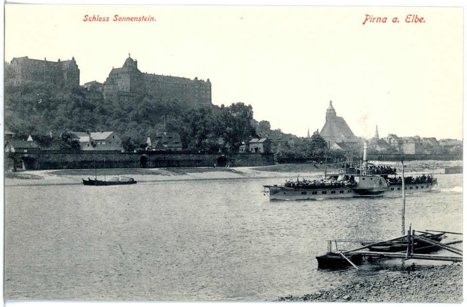 19145-Pirna-1915-Schloß Sonnenstein mit Elbe und Dampfer-Brück & Sohn Kunstverlag