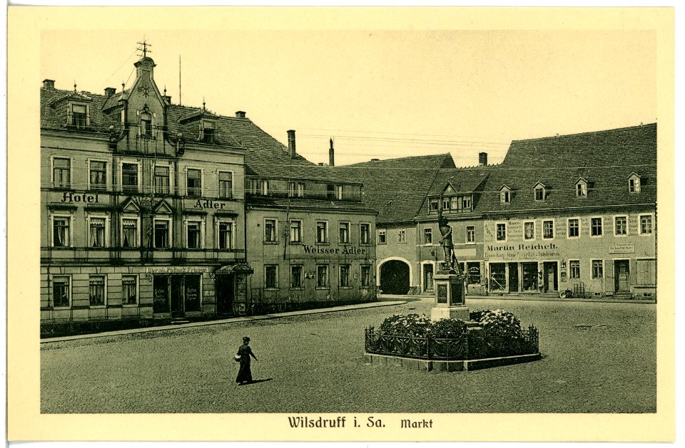 20754-Wilsdruff-1917-Markt mit Denkmal, Hotel Weißer Adler-Brück & Sohn Kunstverlag