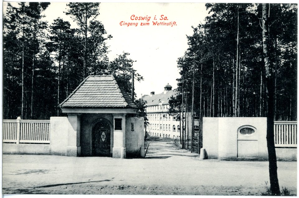 19373-Coswig-1915-Eingang zum Wettinstift-Brück & Sohn Kunstverlag