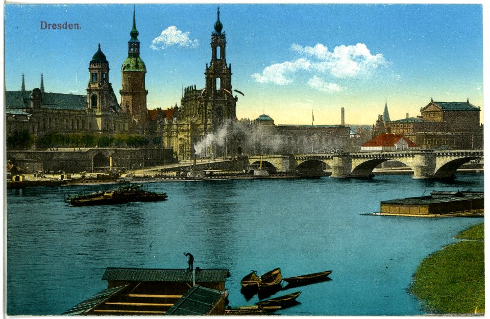 19124-Dresden-1915-Elbe, Augustusbrücke, Hofkirche, Schloßturm-Brück & Sohn Kunstverlag
