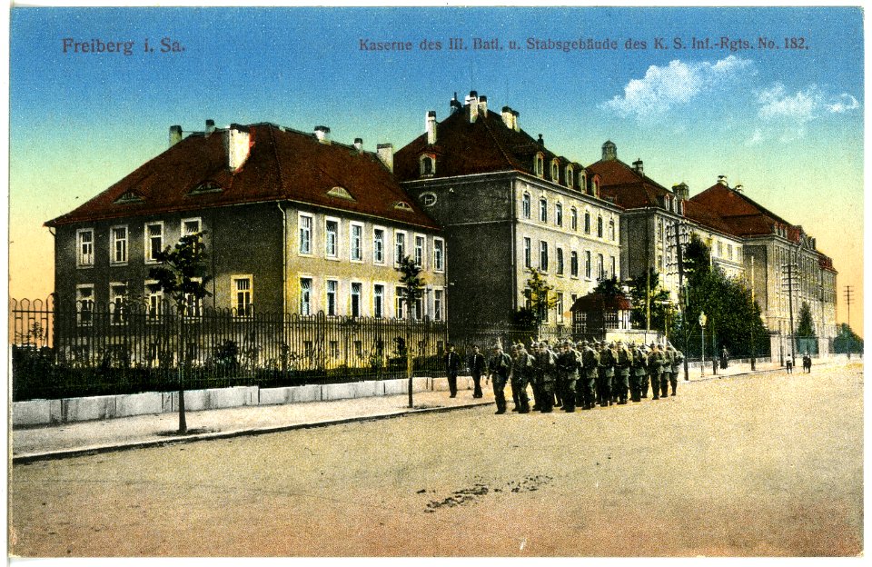 19603-Freiberg-1915-Kaserne des III. Bataillon und Stabsgebäude Infanterie-Regiment Nr. 182-Brück & Sohn Kunstverlag