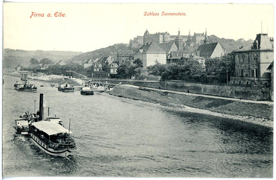 19140-Pirna-1915-Schloß Sonnenstein - Elbe mit Dampfern-Brück & Sohn Kunstverlag