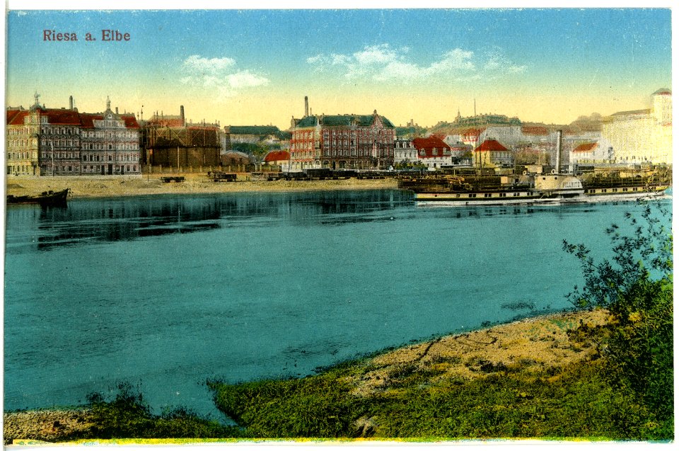 19387-Riesa-1915-Blick auf Riesa mit Elbe und Dampfer Pillnitz-Brück & Sohn Kunstverlag