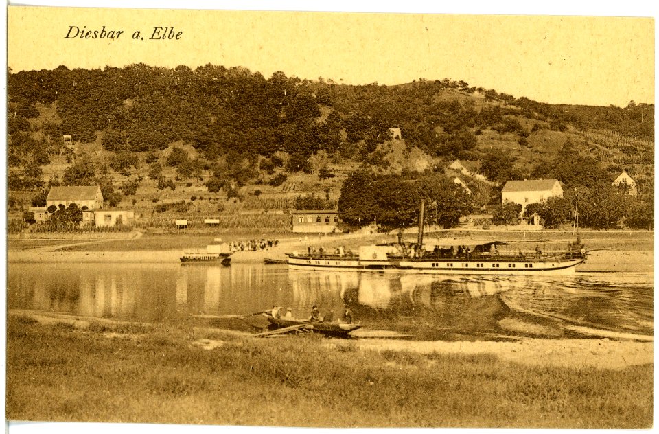 19195-Diesbar-1915-Dampferanlegestelle, Dampfer, Ruderboot-Brück & Sohn Kunstverlag