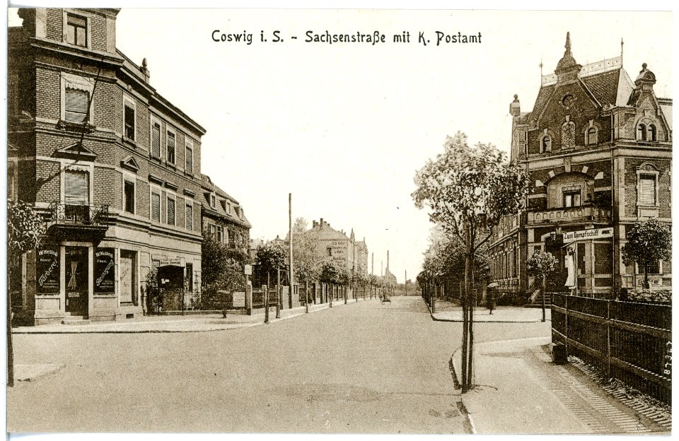 20459-Coswig-1917-Sachsenstraße mit königlichem Postamt-Brück & Sohn Kunstverlag