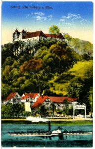 20382-Scharfenberg-1917-Schloß und Gasthof - Elbe mit Dampfer Kaiser-Franz-Josef-Brück & Sohn Kunstverlag