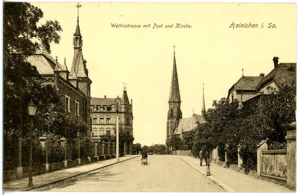 19658-Hainichen-1915-Wettiner Straße mit Post und Kirche-Brück & Sohn Kunstverlag